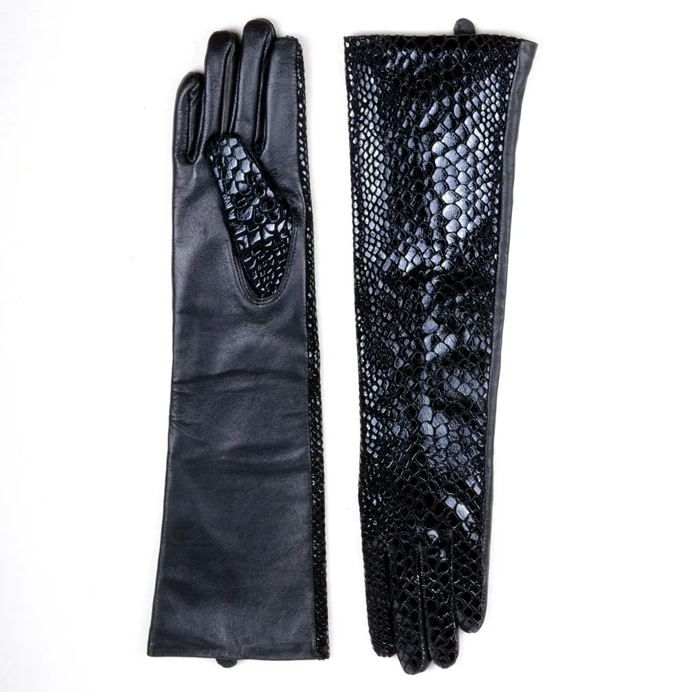 40cm-70cm Women's Ladies Real leather Snake print Leather Black Overlength Party Evening long gloves - Цвет: Черный