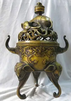 

16" China pure brass fine workmanship carved Six elephant incense burner
