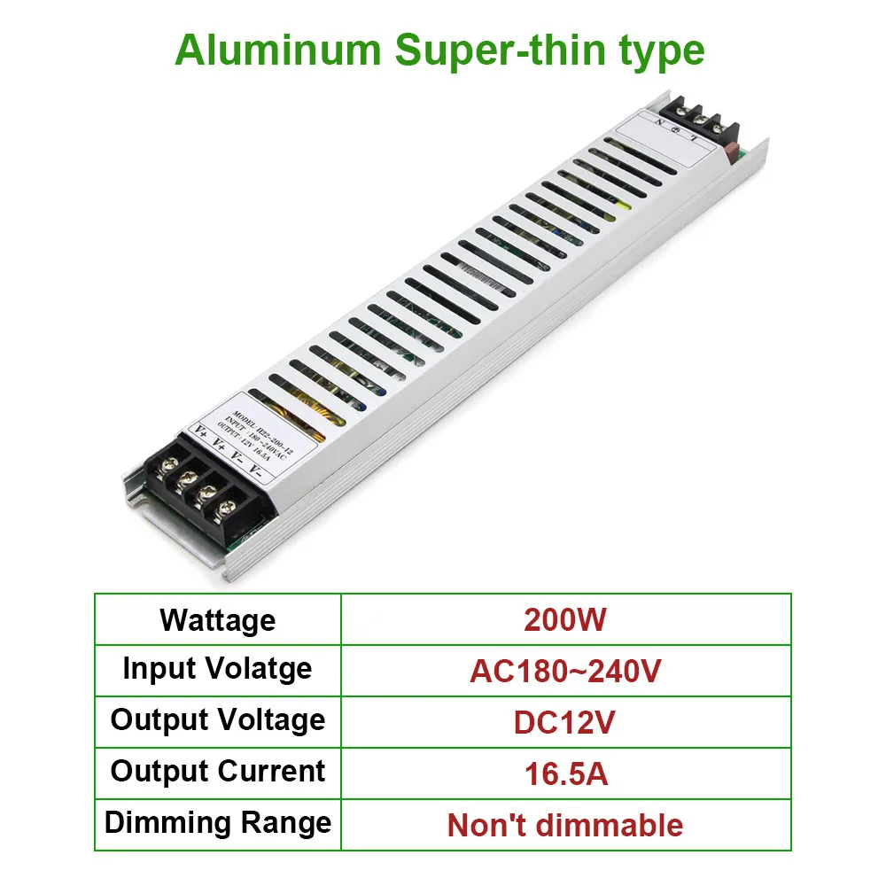 200 Вт 16А Led супер-тонкое освещение Трансформатор алюминиевый AC180-240V выход DC12V