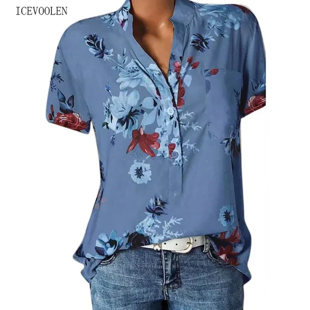 Elegant women's shirt printing large size casual shirt fashion V-neck short-sleeved shirt blouse 1