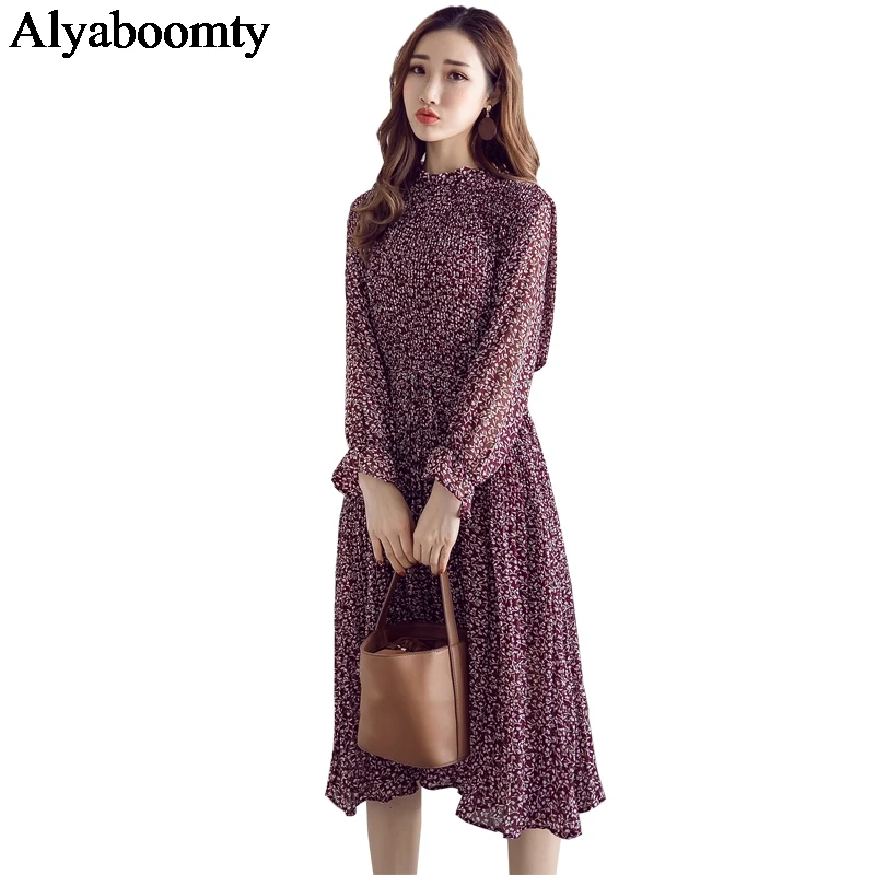 

2019 Korean Chic Plus Size Spring Women Pleated Dress Floral Leaf Print Elegant Vintage Dress Chiffon Sweet All-Match Long Dress
