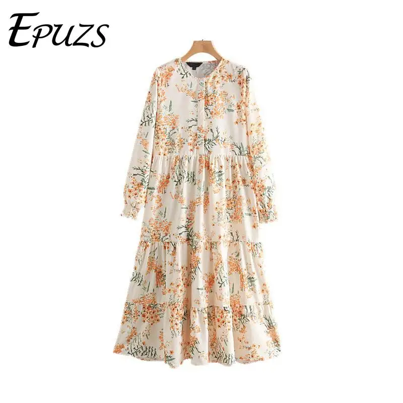 

Vintage floral print Pleated long dress women summer casual long sleeve chic beach party dresses korean elegant vestidos