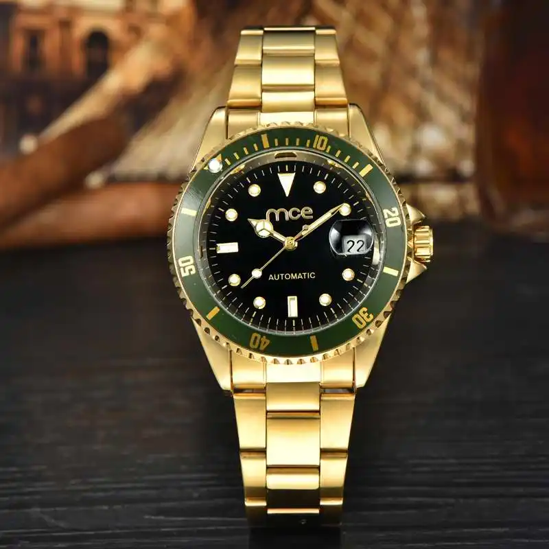 Hot Sale Luxury Golden Luminous Automatic font b Mechanical b font Rotator Discs Stainless Steel Band