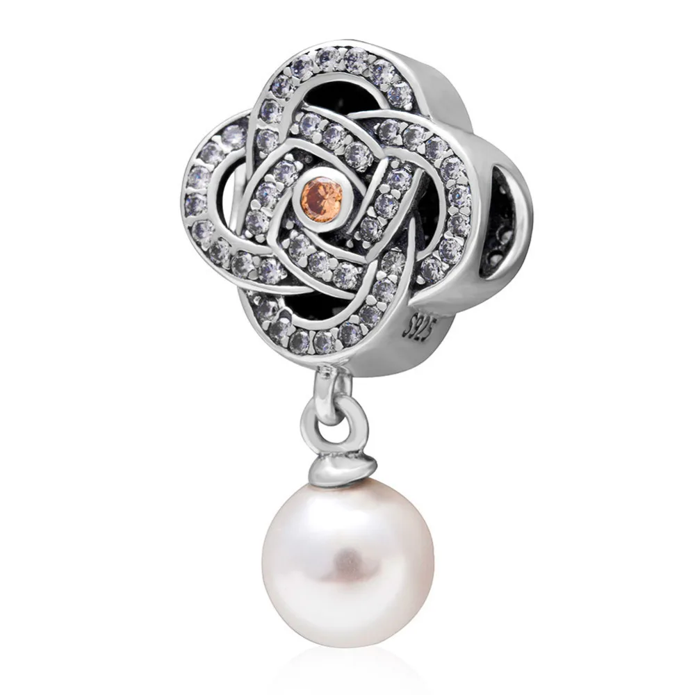 

Natural Pearl Flower Pendant Beads Original 925 sterling silver Charms with CZ stone Fit Pandora Charm Bracelets Fashion Jewelry