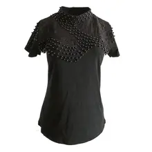 Осенняя модная футболка с кружевным низом и воротником-стойкой размера плюс 3XL, новые черные топы с короткими рукавами и вышивкой бисером
