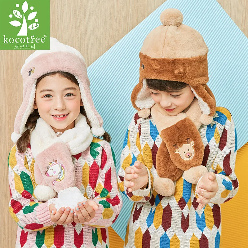 Kocotree fashion children hat scarf suit boy girl winter hat scarf two sets of baby wool ear cover kids cute unicorn hat