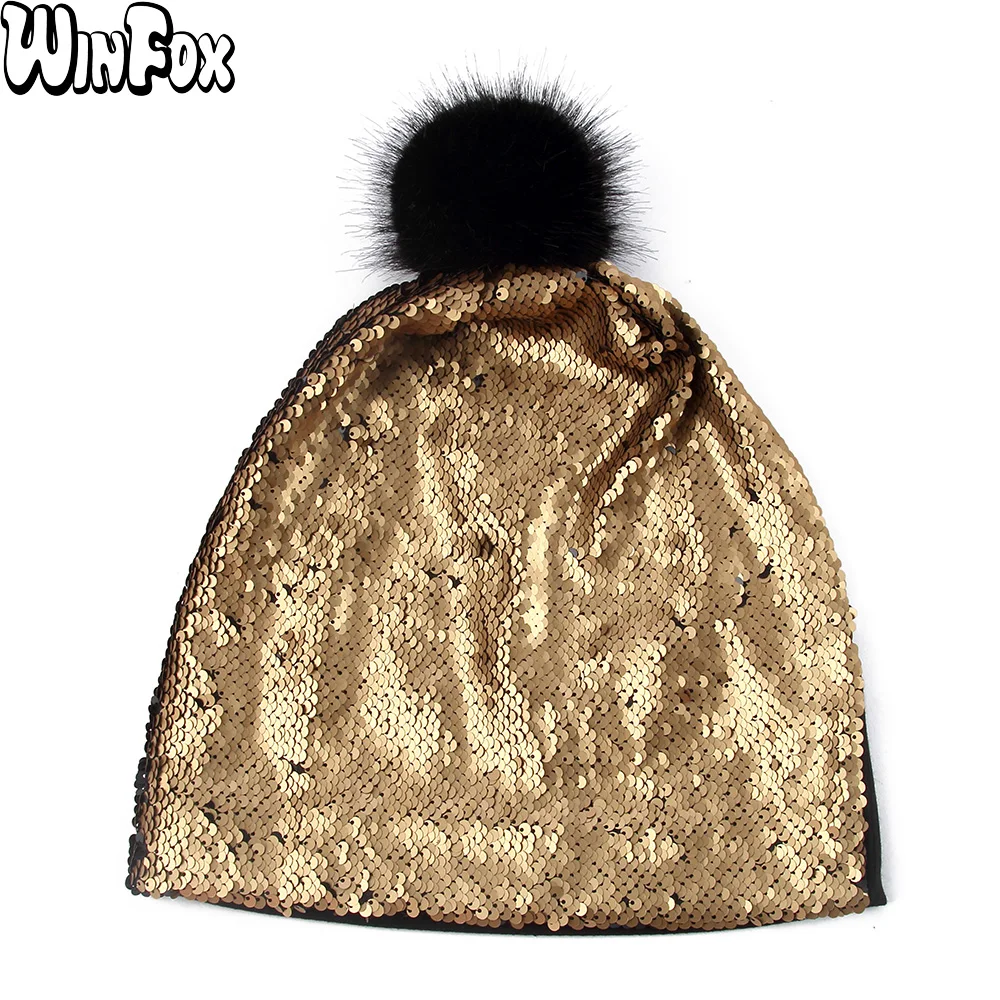

Winfox New Mens Spring Fur Pom Pom Black Gold Sliver Color Metallic Sequins Skullies Beanies Hats Bonnet Womens Cap Hat Gorro