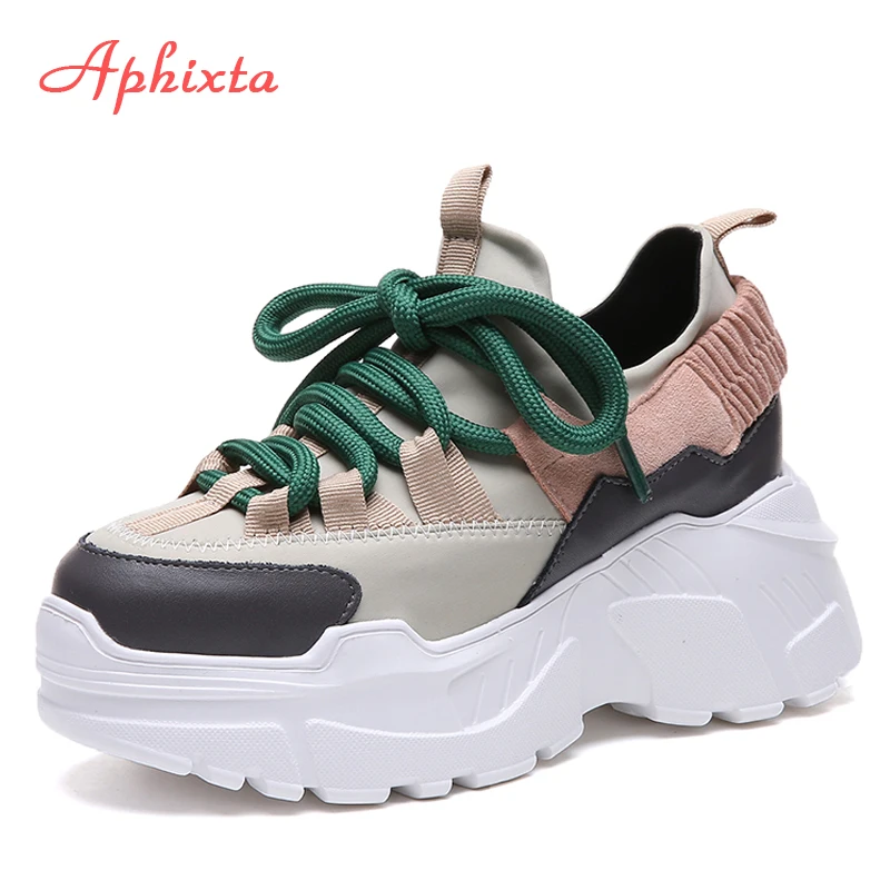 Online Aphixta de mujer zapatos de plataforma aumento de altura botas colores mezclados de Lycra encaje chicas zapatos de estudiante zapatos de botas de moda