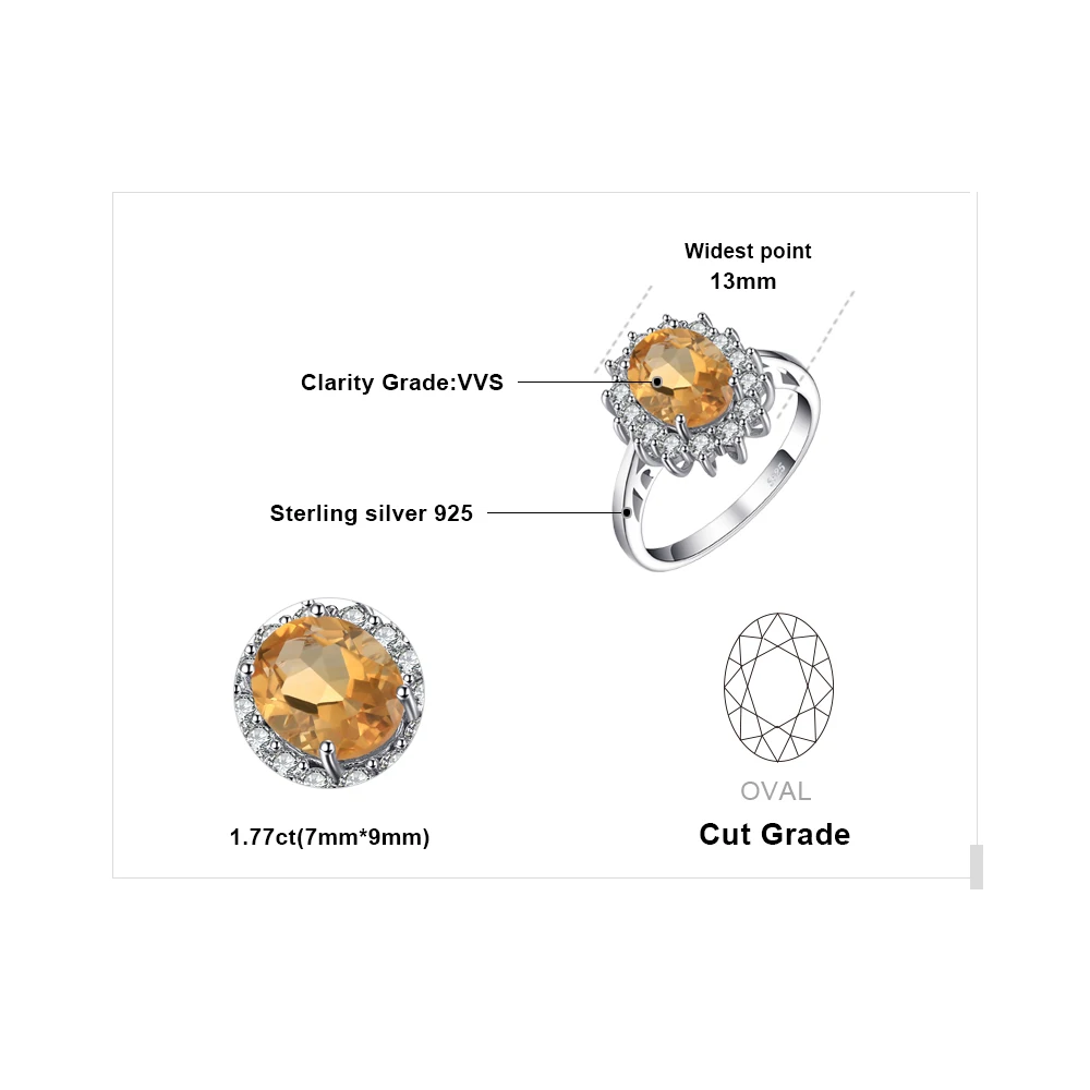 Jewelrypalace Кейт Принцесса Диана 1.8ct натуральный цитрин Обручение Halo Кольцо 925