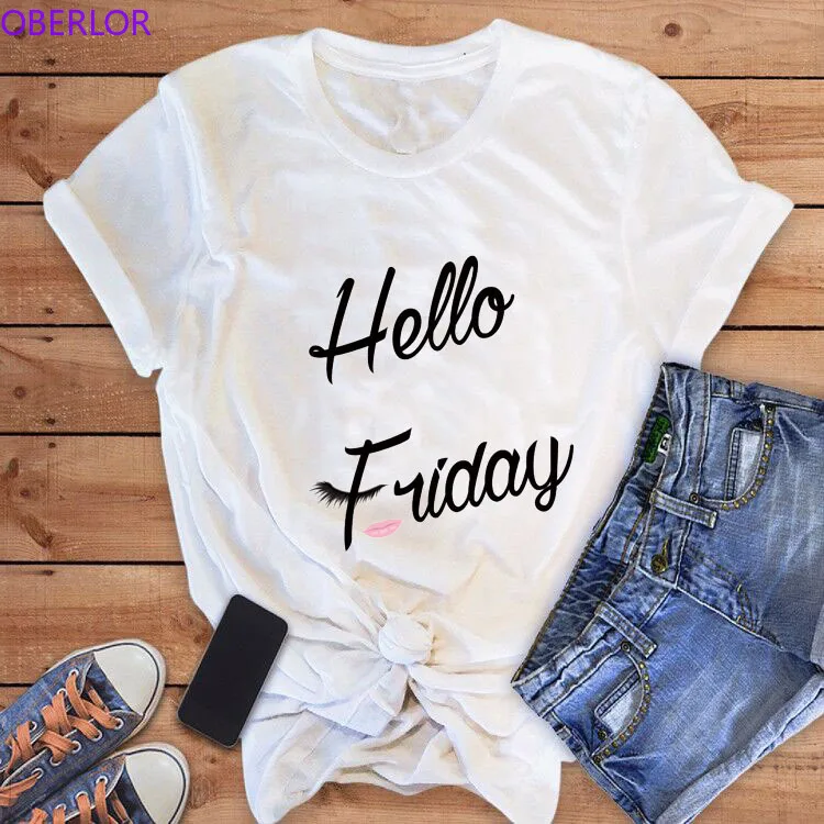 

Hello Friday Kawaii Eyelash Print Tee Shirt Femme Short Sleeve White Tshirt Korean Style Graphic Tees Women Harajuku Streetwear
