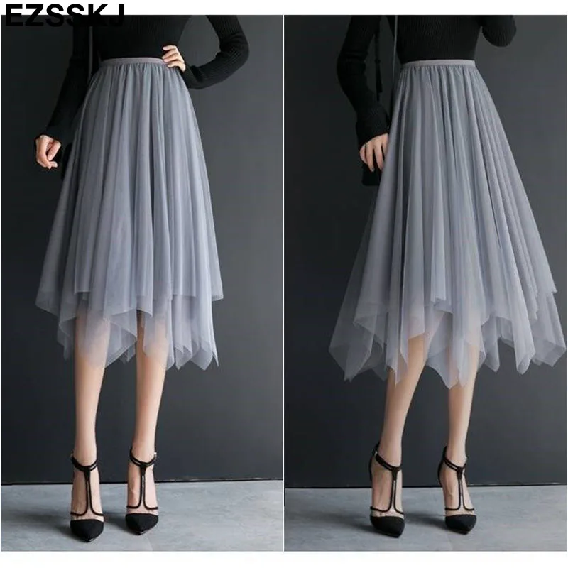 Весенняя Летняя асимметричная трехслойная юбка из тюля, Женская плиссированная юбка-пачка, трапециевидная сетчатая юбка средней длины, женская элегантная юбка