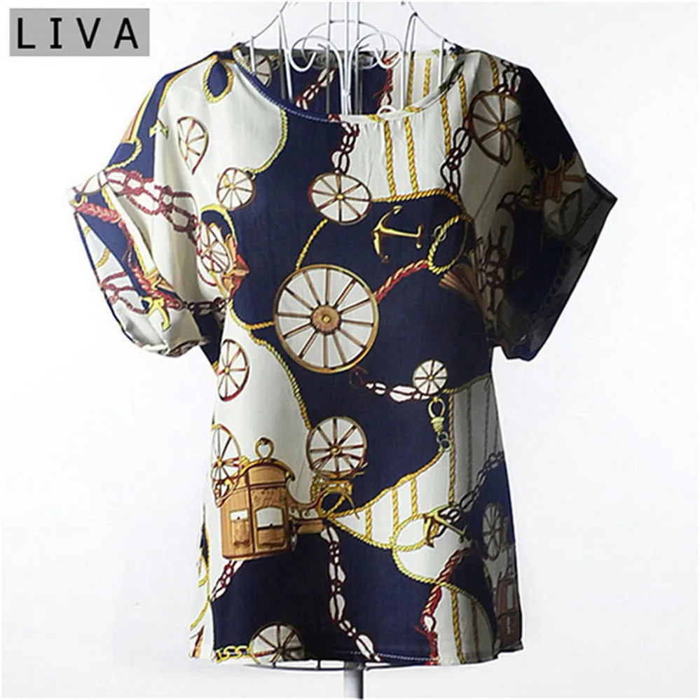 Summer Vintage Wheels Blusas Femininas Womens O-Neck Front Up Short Sleeve Blouse Sexy Multicolor Chiffon Shirt Tops Plus Size (1)