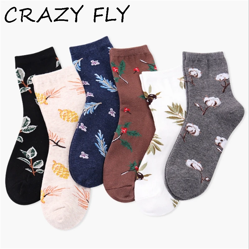 Носки Crazy Fly женские хлопковые шелковые носки с цветочным принтом и листьями