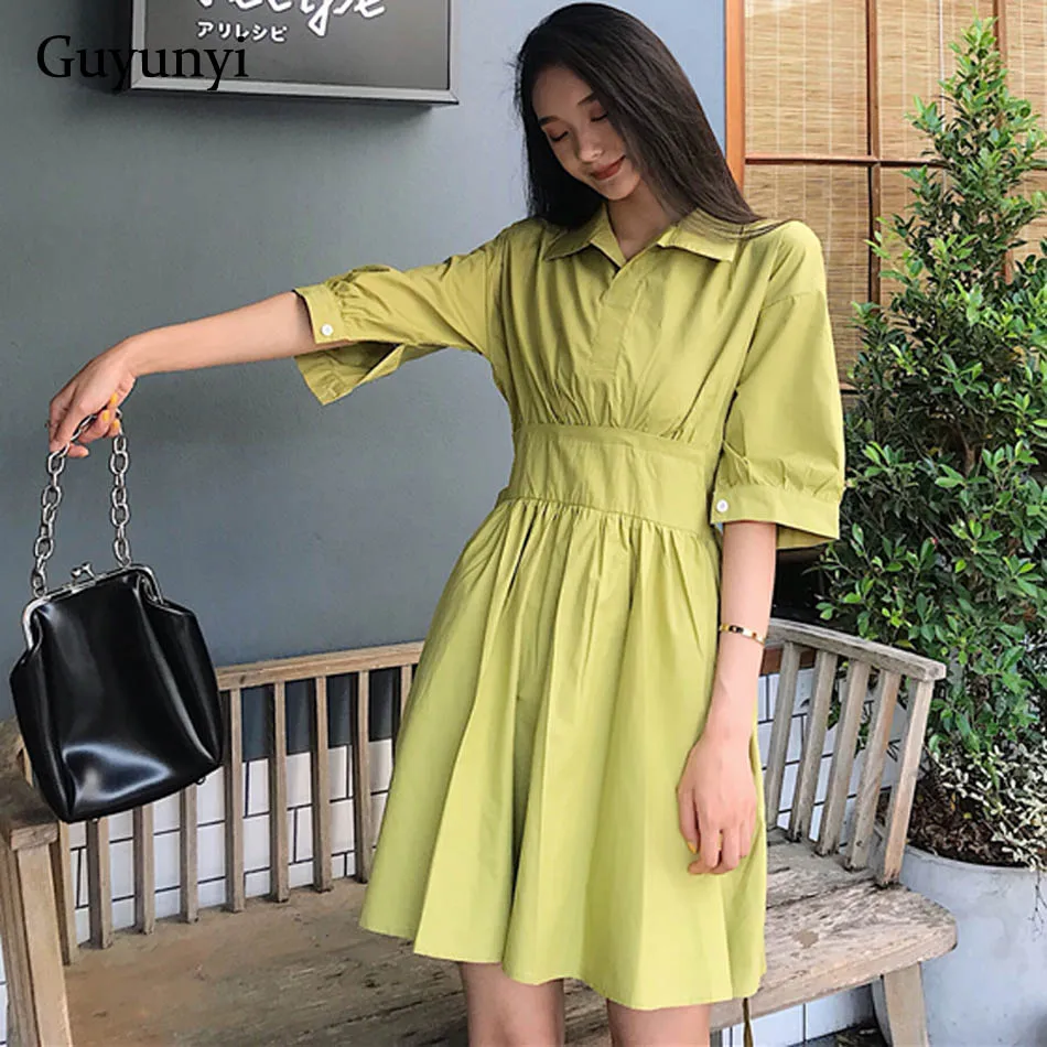 

Solid Color High Street Dress 2019 Half Sleeve Turn-down Collar Lively Youthful Summer A-Line Dress Women
