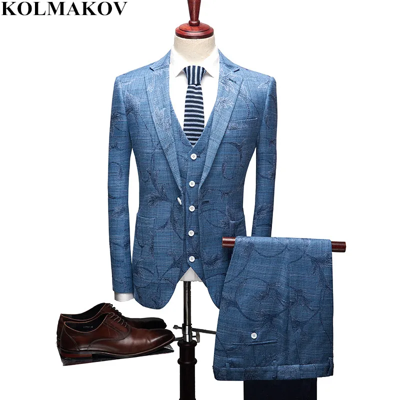 

(Jacket+Vest+Pants) 2019 Men's Suits Slim Fit Business Casual Mens Suit Blazers Jackets Vest Pants Man Floral Wedding Suits