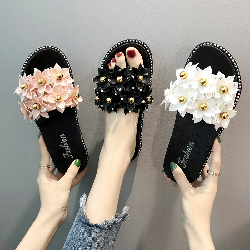 

Slippers For Women 2019 Summer New Flower Flat Thick Bottom Sandals Lady Cute Fashion Women Slippers Shoes