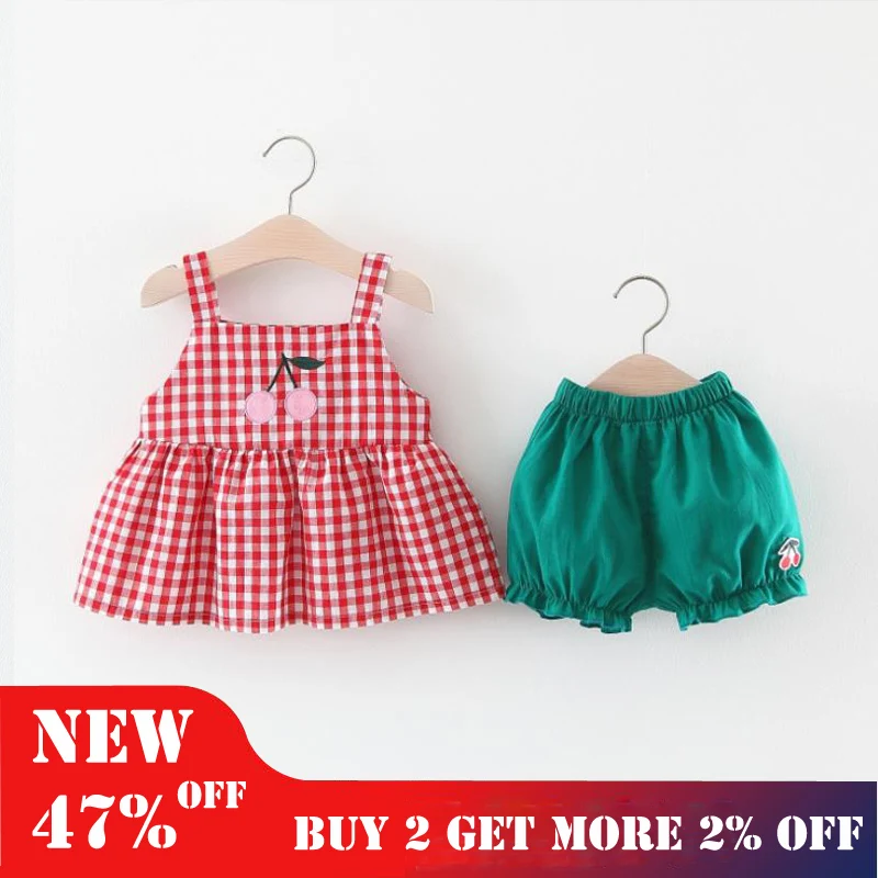 

Children Summer Sleeveless Plaid Tracksuit Clothes Sets Baby Cute Outfits Kids Dresses Wear New Girls Clothing Set Costume Suit