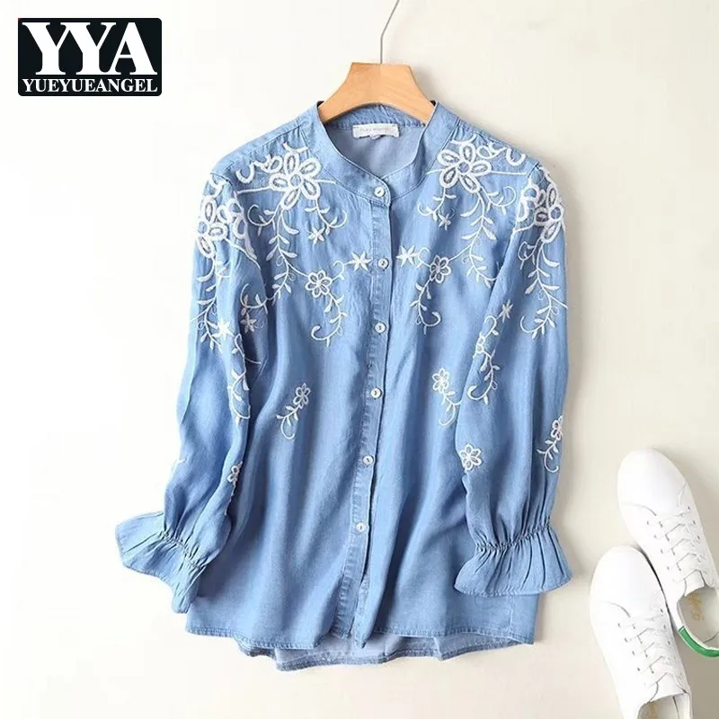 

Summer Stand Collar Floral Embroidery Denim Shirt For Women Casual Long Sleeve Single Breasted Blouse Women Chemise Femme Blue