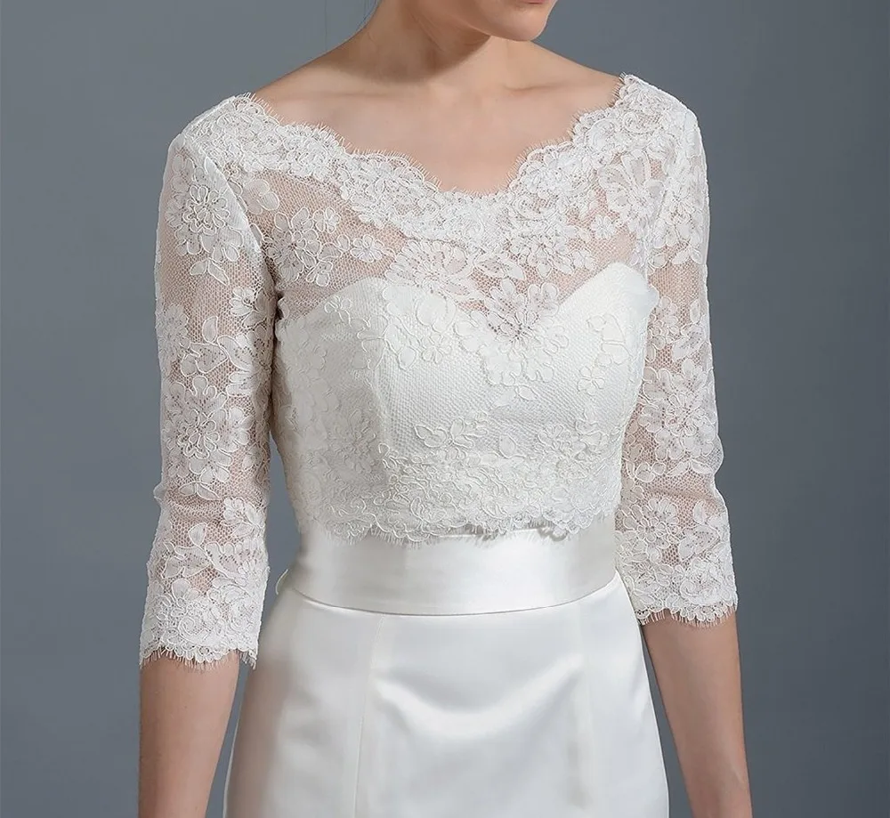 

2019 New Bolero Long Sleeve Bridal Jacket Large Sizes With Lace Jacket 3/4 Sleeve Wedding Jacket