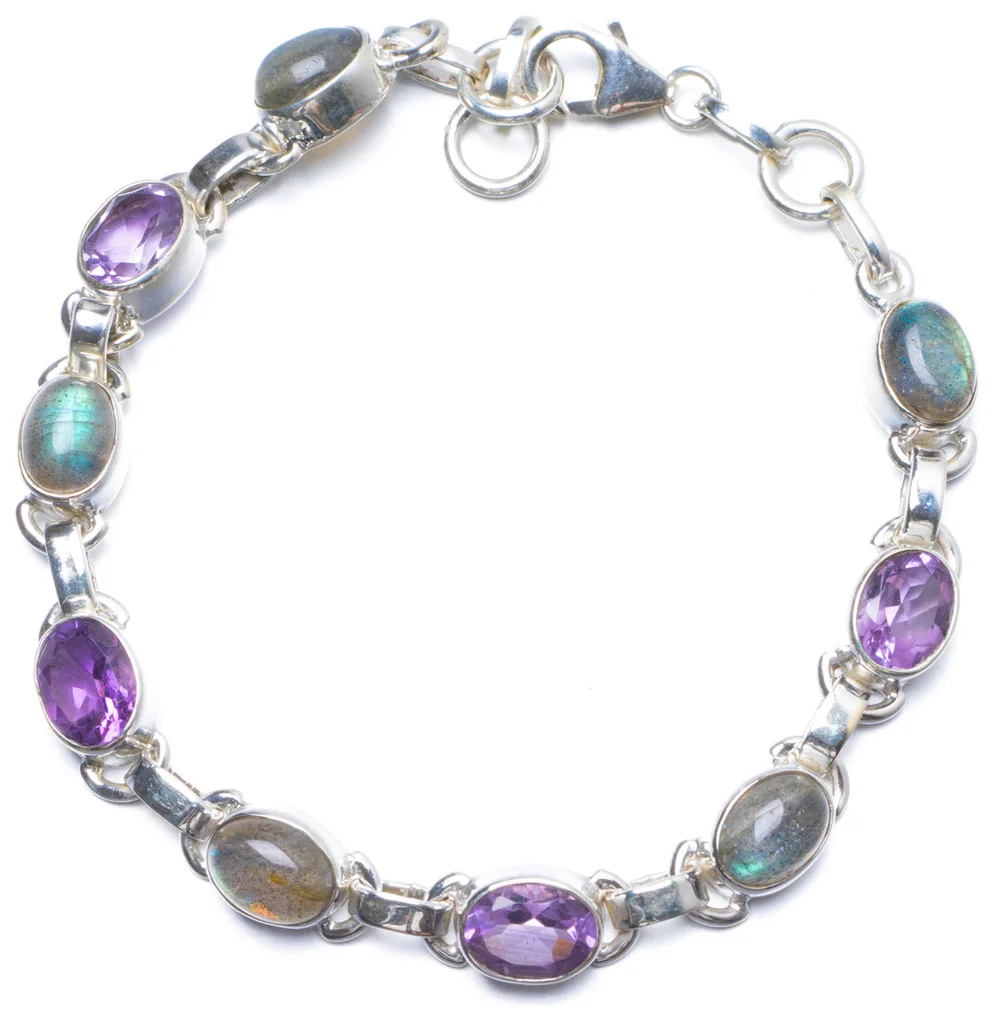 

Natural Labradorite and Amethyst Handmade Unique 925 Sterling Silver Bracelet 7-7 1/2" Y0111