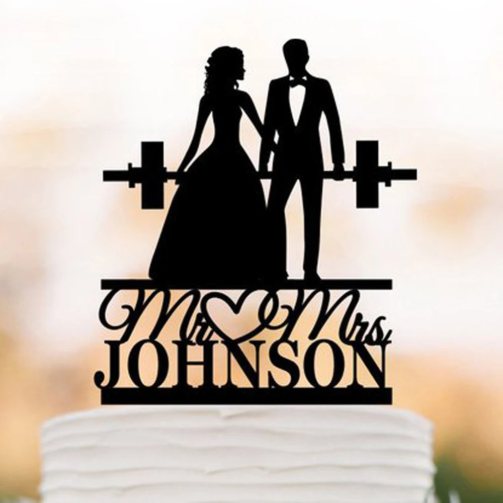 Personalized Wedding cake topper Fitness Couple wedding Cake Topper, Weight lifting Groom & Bride silhouette mr&mrs cake topper