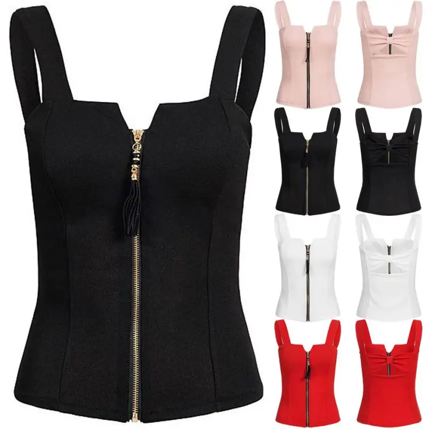 

5XL Summer Crop Tops For Women Straps Sleeveless Women's Fashion Sleeveless Camisole Tank Zipper Top T-shirt