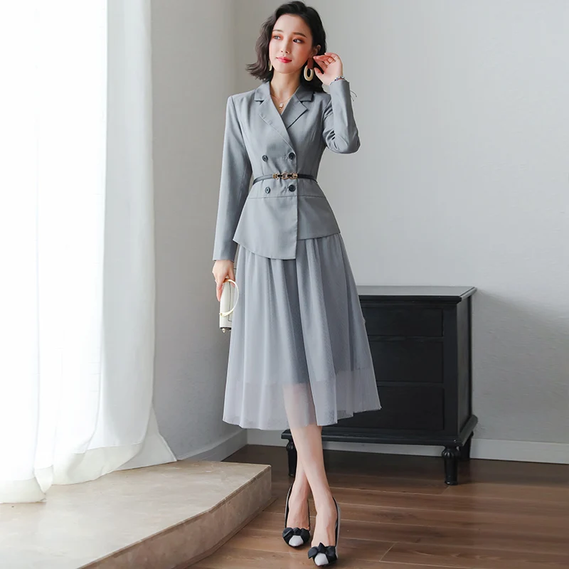 Костюм+ юбка в сеточку, комплект из двух предметов, весенне-осеннее платье, женская одежда, вечерние длинные платья, элегантное официальное офисное платье zt1984 - Цвет: gray