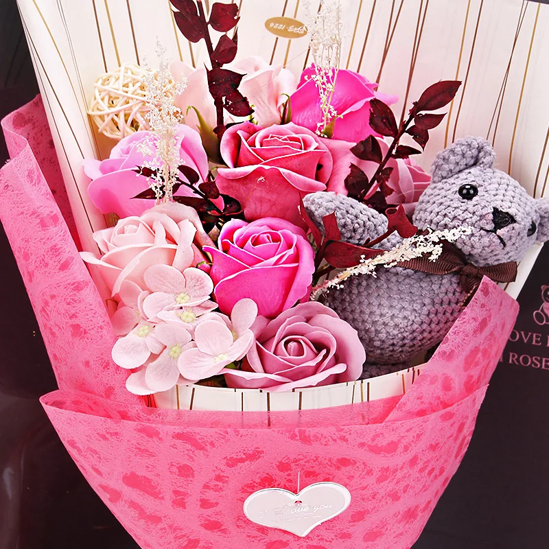 Искусственный мыльный цветок, пенопласт, цветок розы, подарок с коробкой, маленький букет роз, День Святого Валентина, креативный медведь, подарок, украшения