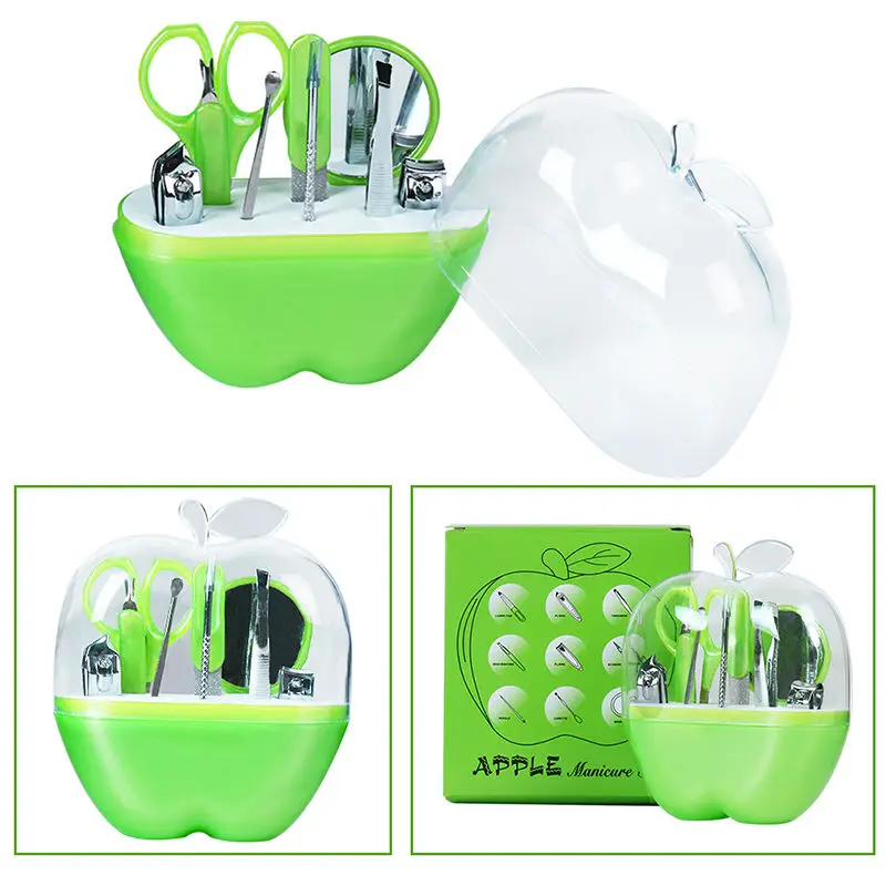 

9Pcs Nail Art Clipper Storage Kit Nail Care Set Nail Pedicure Scissor Manicure Accessory Tools Tweezer Knife Apple Shape Case