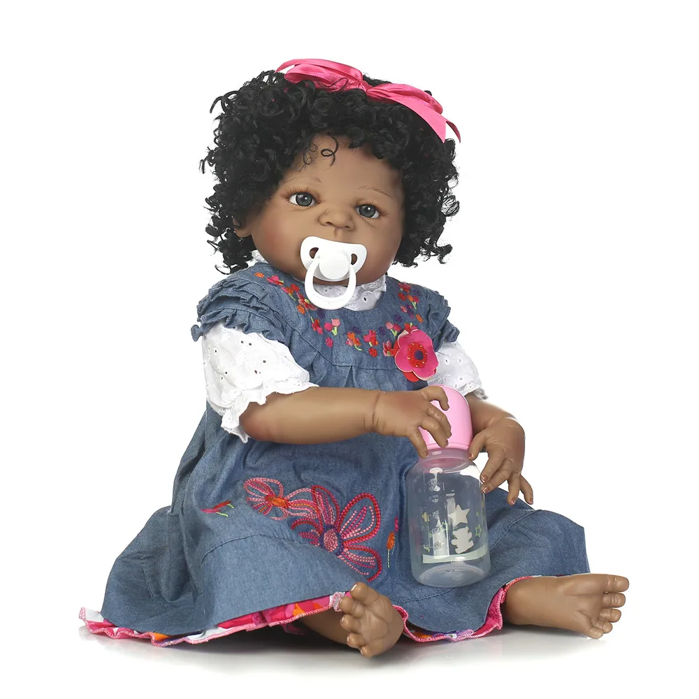 NPK 57CM Full Body Silicone Black girl Reborn Baby Doll fake baby wavy hair wig Children Bathe
