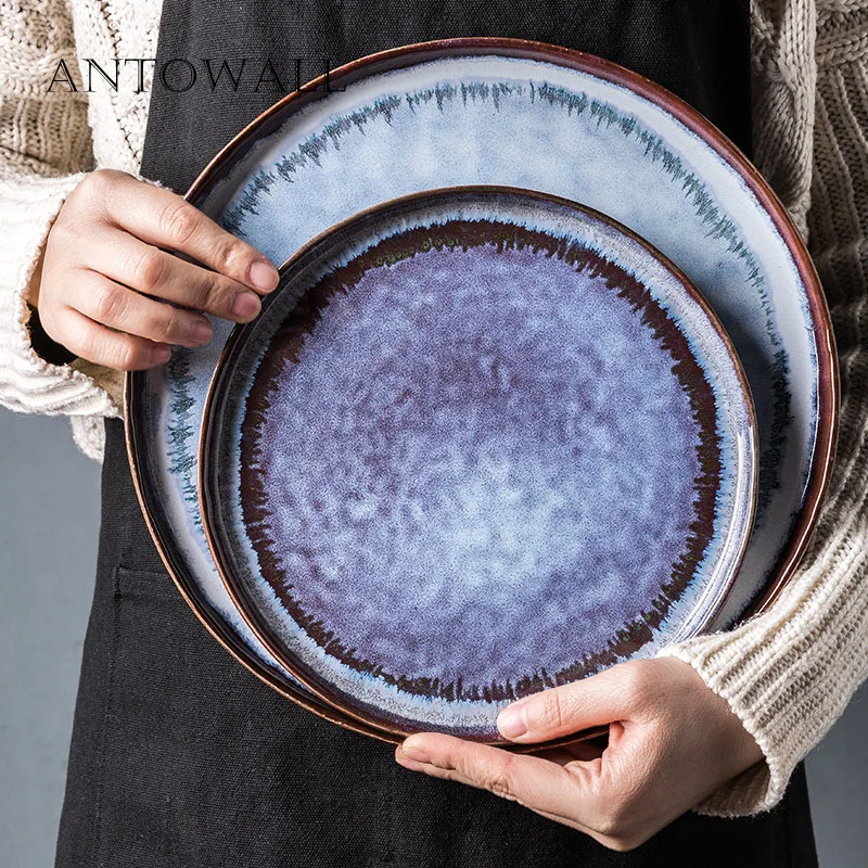 

ANTOWALL Nordic ceramic tableware round tray western steak pasta plate big size plate underglaze gradient color porcelain dishes