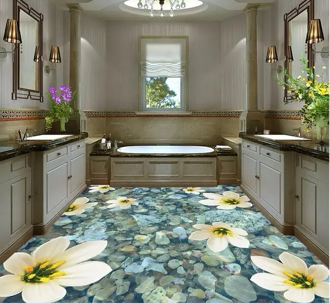 

3 d pvc flooring custom wall paper Vector water stone flower on the 3d bathroom flooring paintings 3d wall murals wallpaper