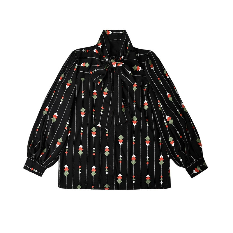 Дизайнерские Роскошные Рубашки для женщин с вышивкой в полоску, с бантом, с воротником, с длинным рукавом, шифоновая блузка, топы черного цвета