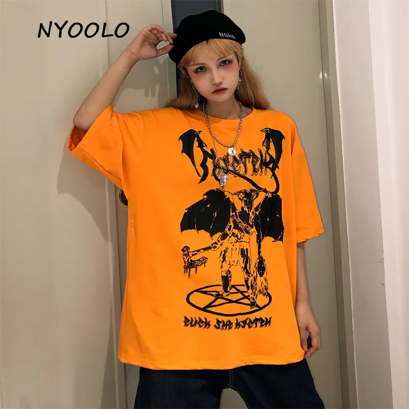 

NYOOLO Harajuku style Bat Monster letters print tee shirt Summer loose tops short sleeve T-shirt women/men clothing streetwear