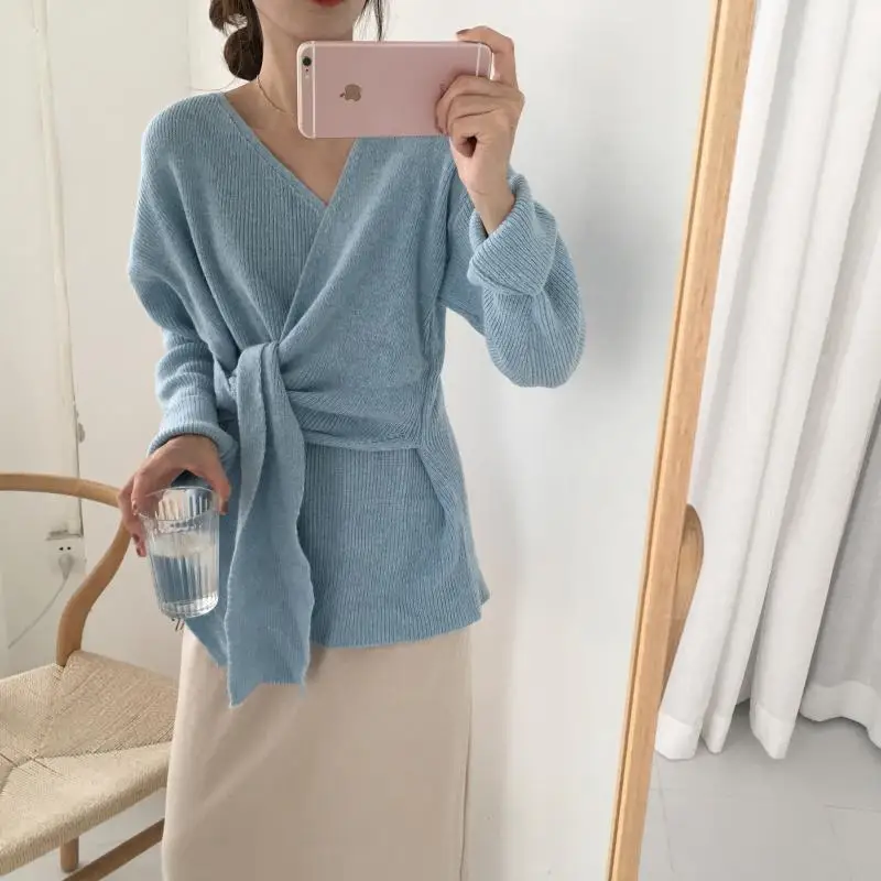 

TVVOVVIN 2019 Chic Chalaza Fashion Knitting Woman V Lead Pullover Long Sleeve Waist Bandage Korean Knitted Woman Coat C180
