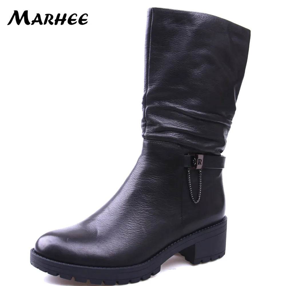 

MARHEE Brand Genuine Leather Black High Mid-Calf Boots Women Winter Shoes Platform Metal Sheepskin Ladies Booties