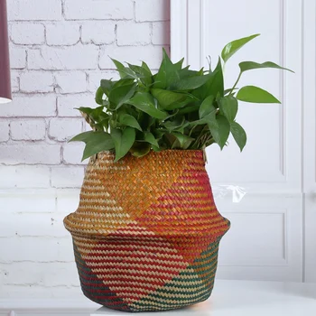 

Foldable Handmade Basket Natural Rattan Flower Basket Vase Planter Nursery Pot Belly Basket Straw Toys Organizer Home Decor