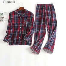 Пижамы для Для мужчин Осень Длинные рукава хлопчатобумажные клетчатые фланелевые пижамы кардиган пижамы Мотобрюки Для мужчин Lounge пижамный комплект