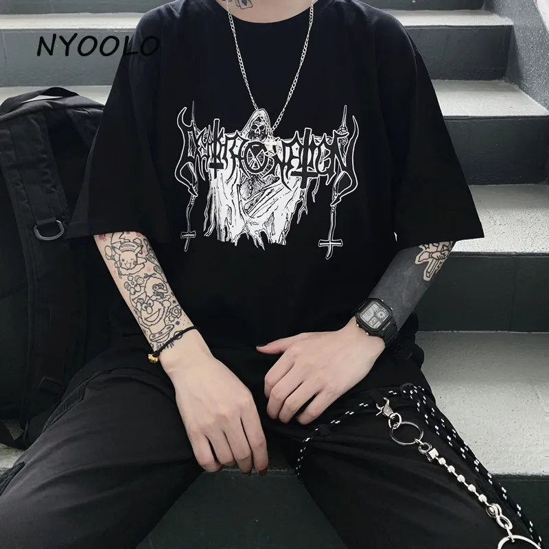 

NYOOLO Vintage Harajuku style Pharaoh cross Letters Print tee shirt Summer streetwear Loose Short Sleeve T-Shirt women men top