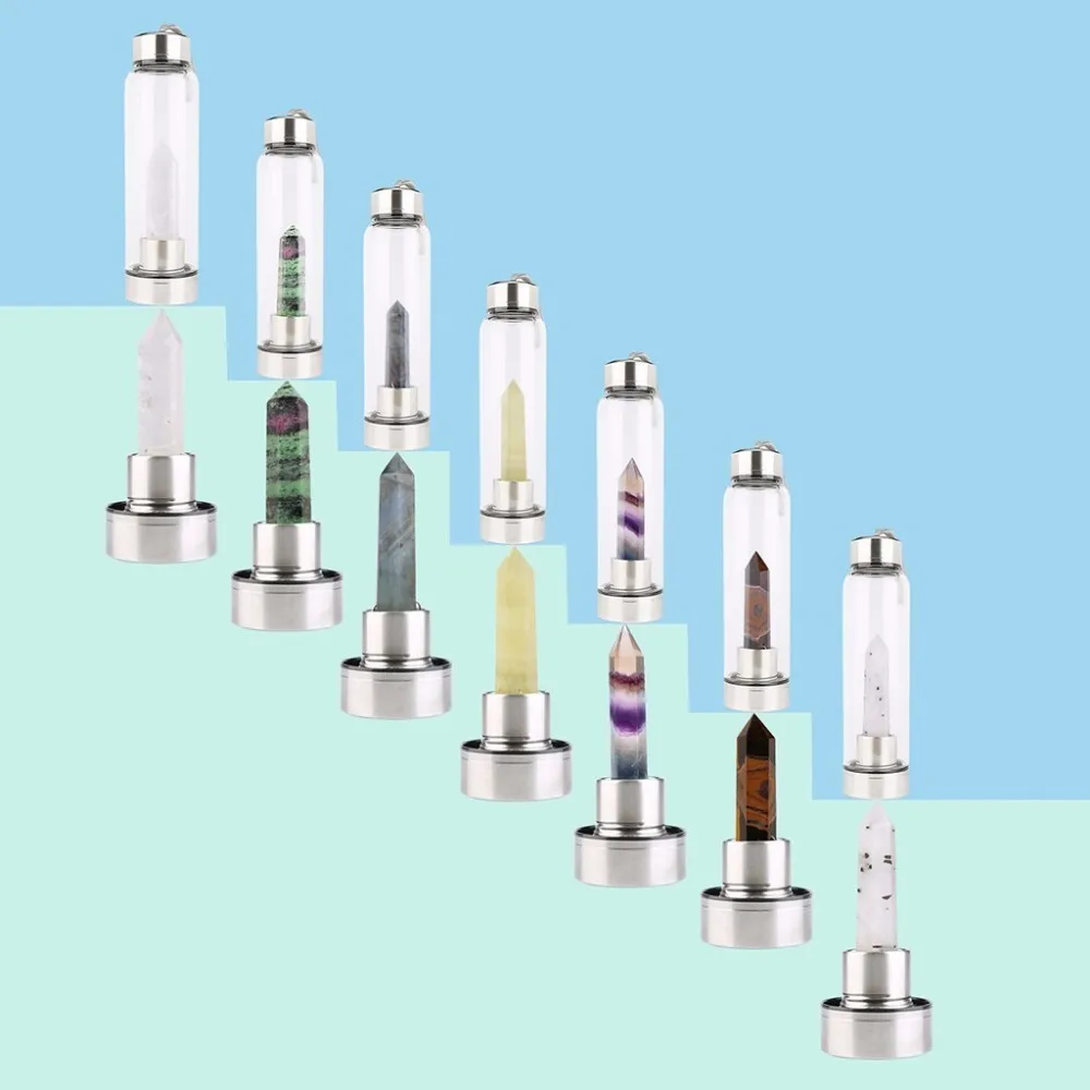 

2019 Hot Sale Drop Shipping Natural Crystal Point Healing Obelisk Wand Elixir Quartz Crystal Water Bottle Tools With Cup Bag
