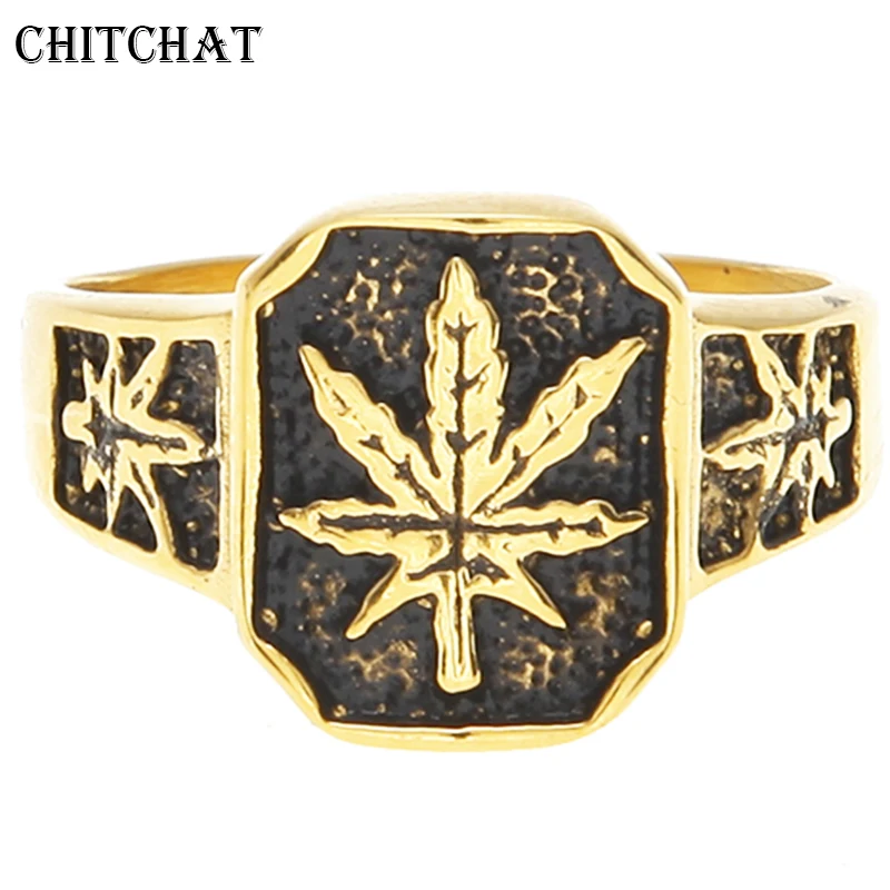 

316L Stainless steel Black Oil Maple Leaf Rings Hip hop Punk Style Gold Color Signet Ring For Men Mujer