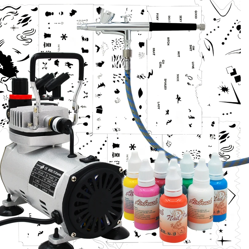 

Complete Professional Airbrush Nail Kit with AB-136 Airbrush, Colopaint Compressor, Colors and Nail Stencil