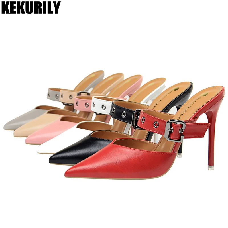 

Shoes Women buckle Sandals pointed toe Mules luxury high heels Slides summer Slippers hollow slip on shoes black red pink white