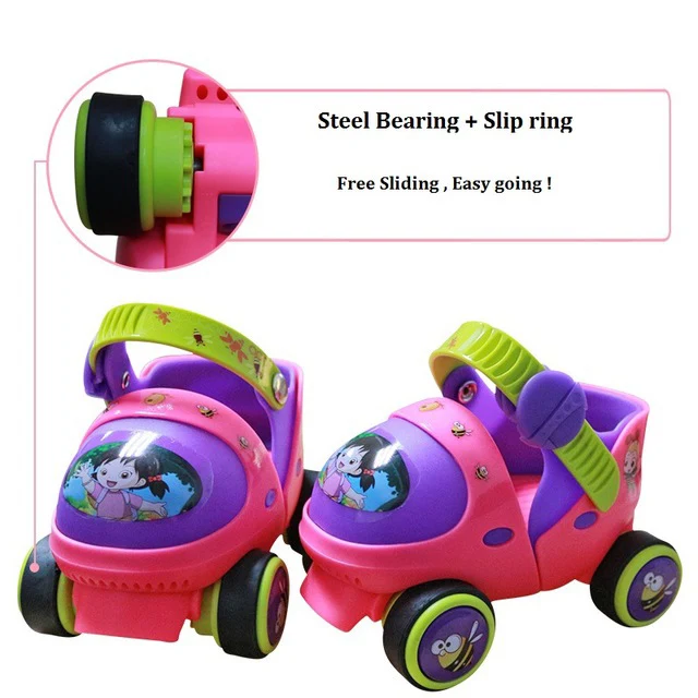 Детские роликовые коньки с двумя линиями, двухрядные роликовые коньки с 4 колесами, новые Мультяшные милые коньки, свободный размер для начинающих - Цвет: pink