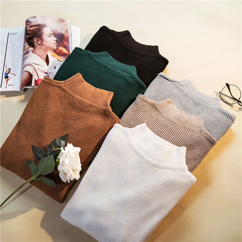 

2019 Autumn Winter New Korean Half turtleneck Sweater Jacket Womens Long Sleeve Elasticity Pullovers Knitted Sweaters Woman x982