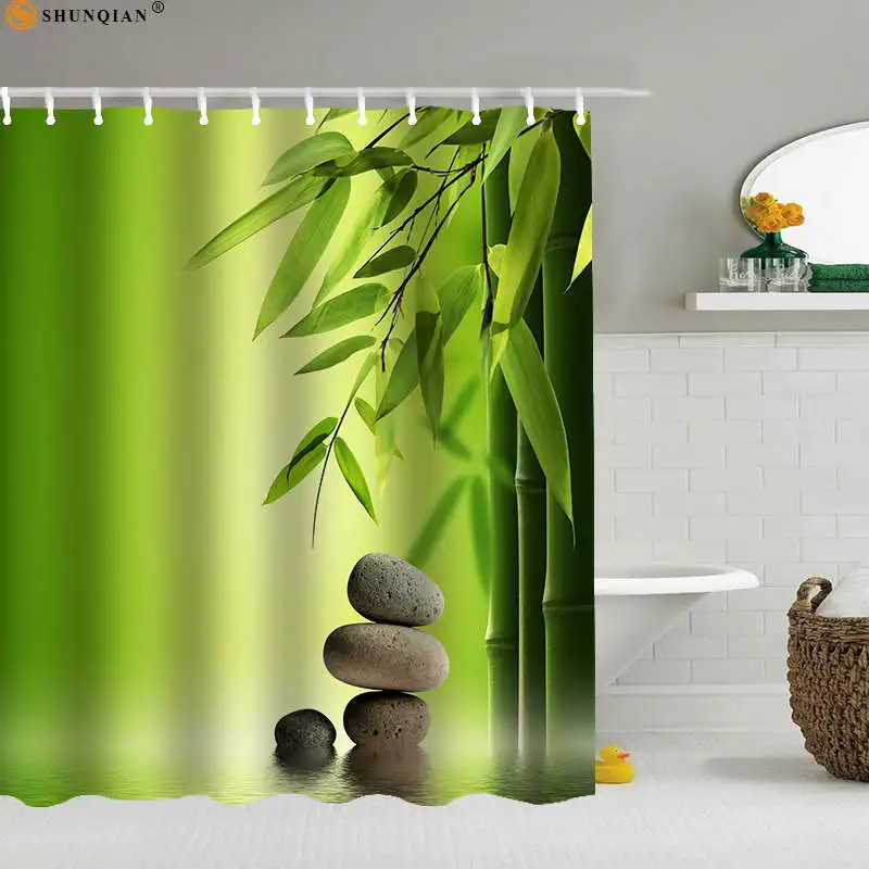 ShunQian Bath Curtain Zen Stone Bamboo Polyester Fabric Shower Curtain