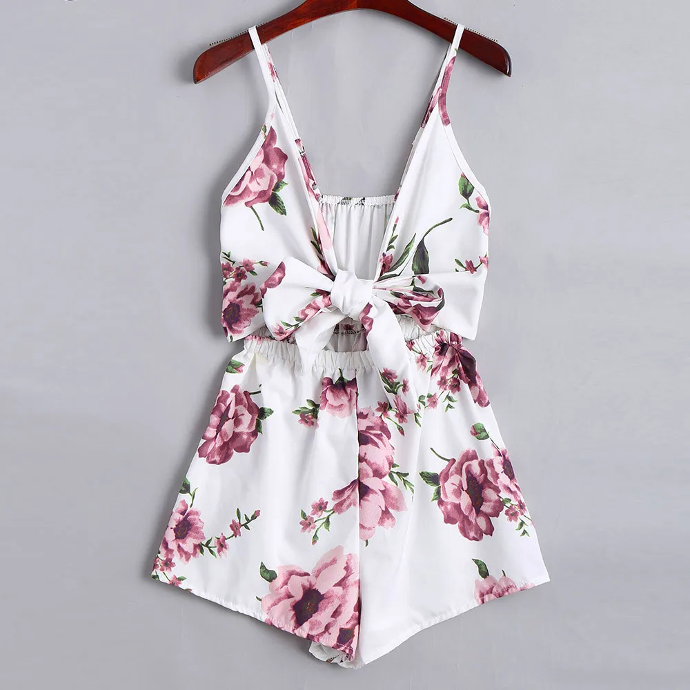 

Fashion Jumpsuit Women summer Deep V-Neck Print Sleeveless Sling Loose Jumpsuit Women Playsuits With Lace Up