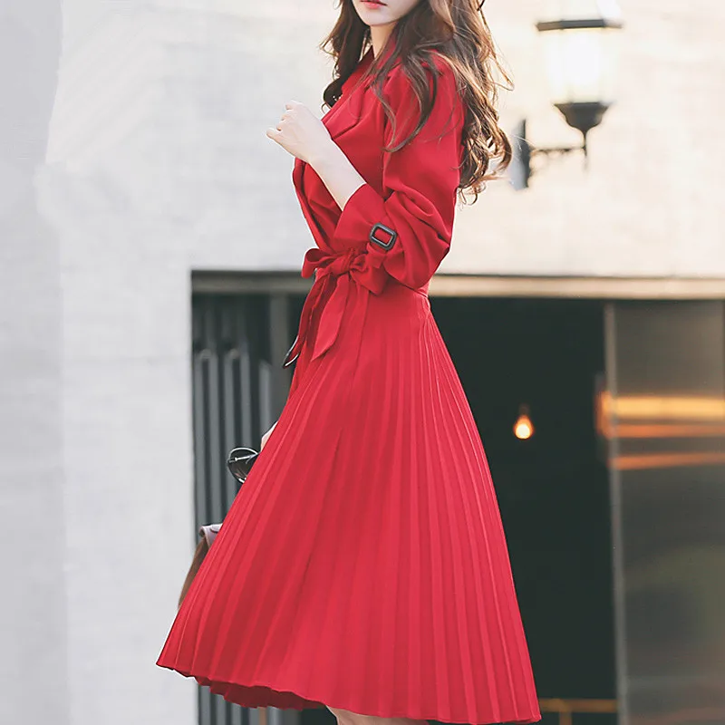 HANZANGL весна и осень женская с длинным рукавом ветровка платье двубортное с поясом Плиссированное длинное платье - Цвет: Красный