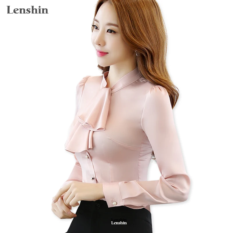 Lenshin гофрированный воротник женская блузка женская элегантная розовая приталенная шифоновая рубашка Топы офисные женские стиль модная осенняя одежда