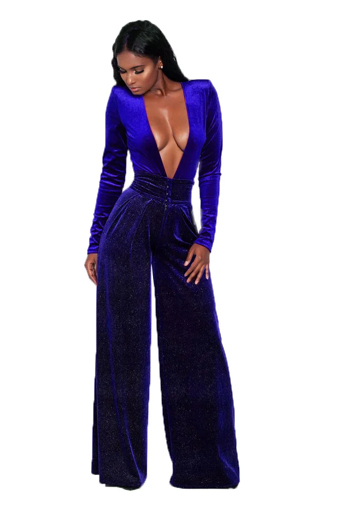 Элегантный бархатный комбинезон для женщин, сексуальный глубокий v-образный вырез, длинный рукав, широкие брюки, женский комбинезон, повседневный осенне-зимний клубный комбинезон - Цвет: blue jumpsuit